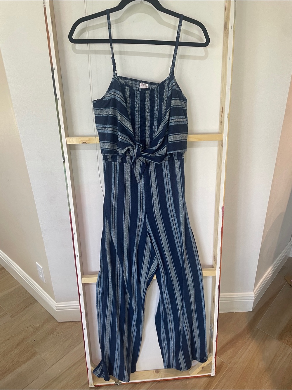 No Boundaries Navy and White Striped Tie-Front Wide-Leg Jumpsuit